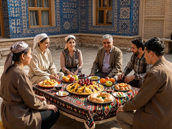 Traditional Uzbek family gathering around a dastarkhan feast in a beautiful courtyard