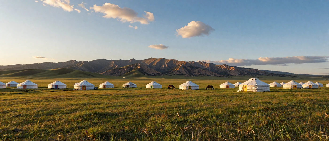 Beautiful Mongolian steppe landscape with traditional ger yurts and wild horses at golden hour
