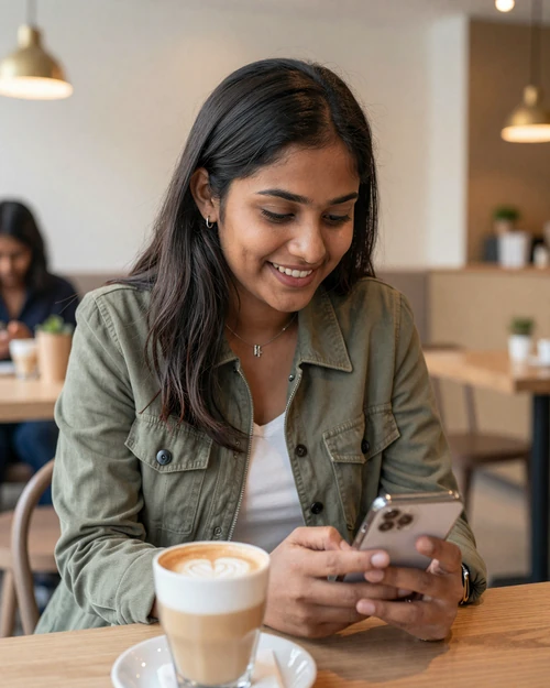 A modern Nepali woman chatting on her phone at a cafe, representing online dating and connection