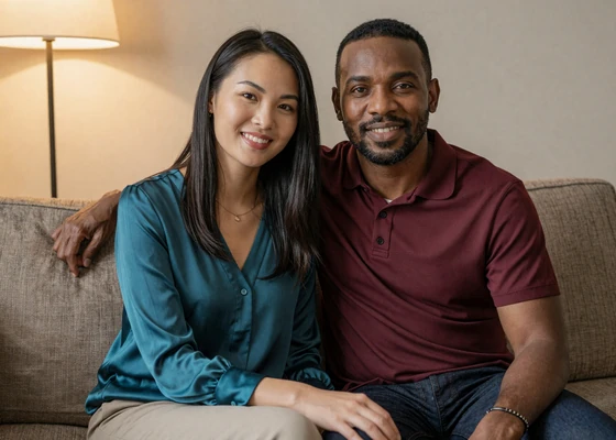 Tom from Atlanta and Xiao from China relaxing together at home, a couple matched on Skobbler Asian Dating