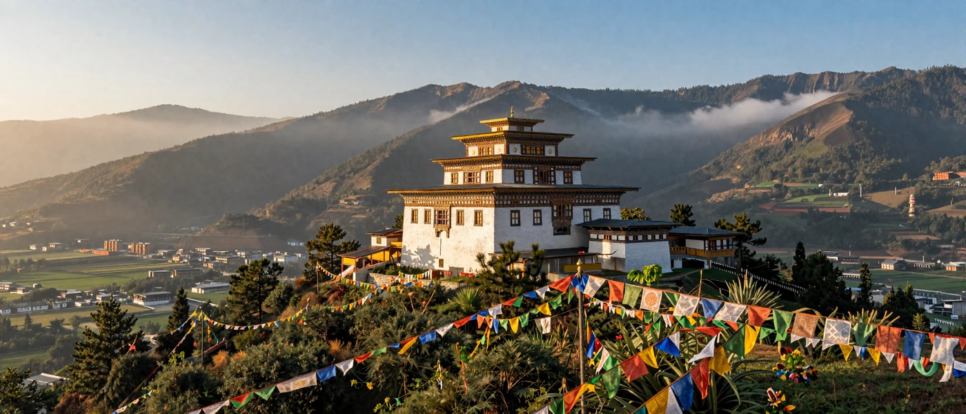 Scenic Bhutanese Himalayan landscape with traditional dzong architecture and prayer flags