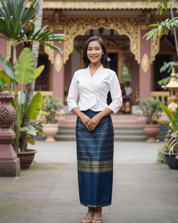 A graceful Laotian woman wearing a traditional sinh skirt standing in a serene temple courtyard