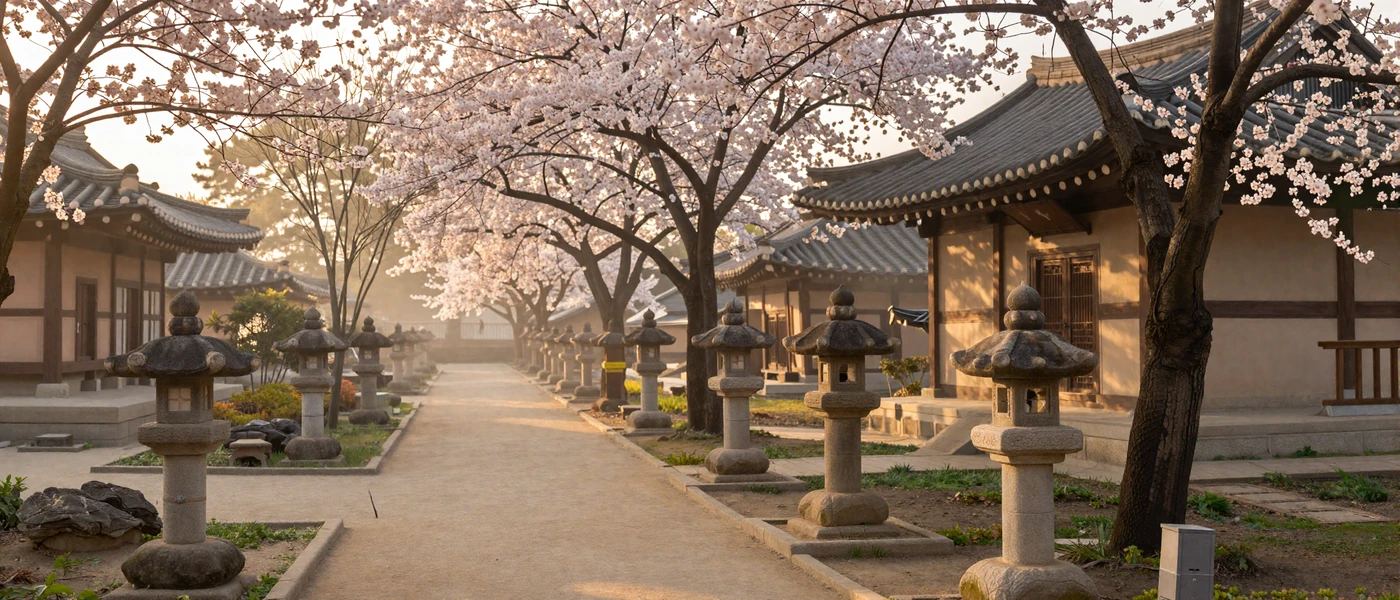 Serene Korean cultural garden with cherry blossoms and traditional architecture