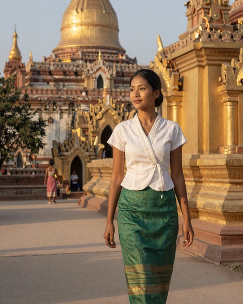 Burmese woman walking near ancient golden pagoda in Bagan during sunset