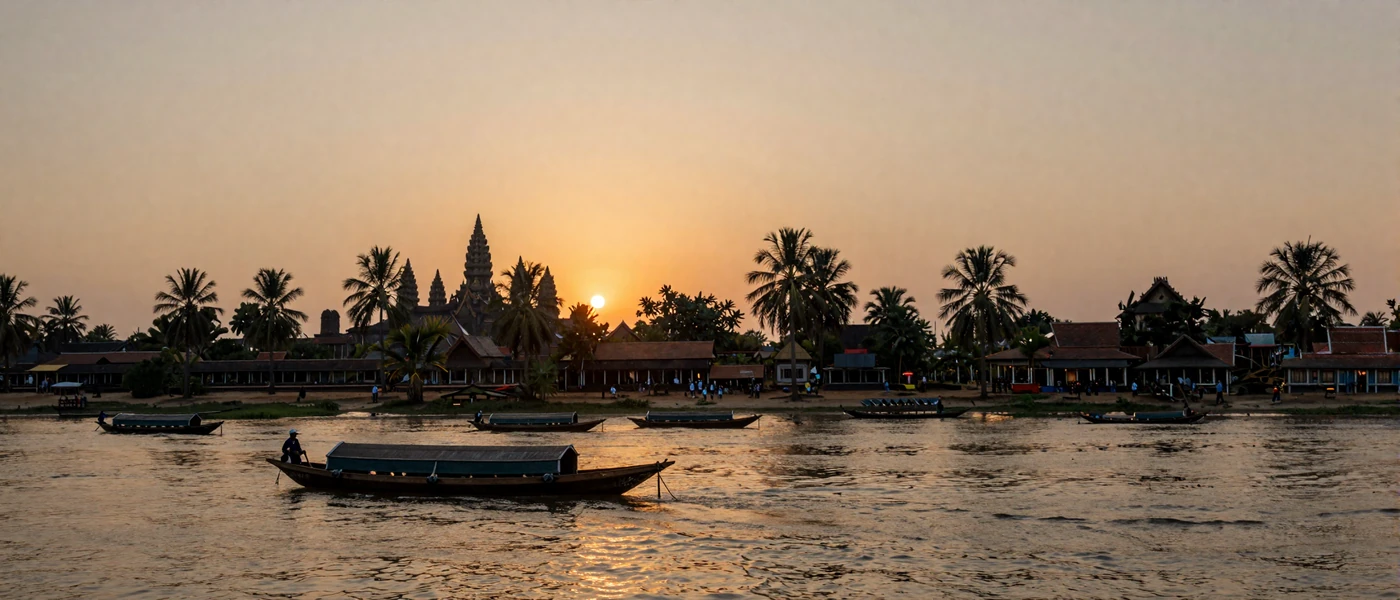 Scenic Cambodian riverside at golden hour representing the warmth of Khmer culture and dating