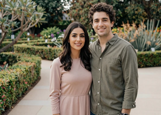 Daniel from Virginia and Hana from Jordan walking together in a botanical garden, a Skobbler success story couple