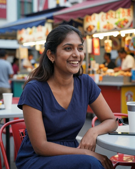 Indian-Singaporean woman enjoying a meal at a hawker center representing multicultural dating in Singapore