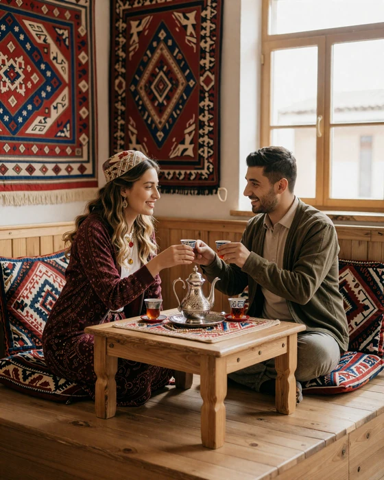 A couple sharing traditional Tajik tea in a colorful choykhona tea house