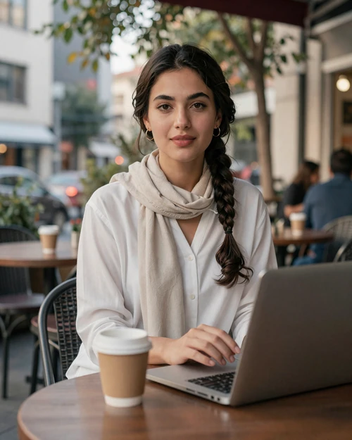 Modern Afghan woman working at an outdoor cafe blending traditional values with contemporary lifestyle