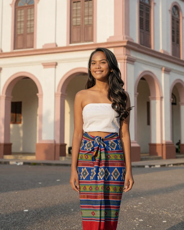 Beautiful Timorese woman in traditional tais cloth near colonial architecture in Dili