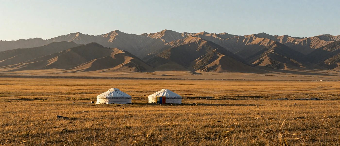 Vast Kazakh steppe landscape with traditional yurt and Tien Shan mountains at golden hour