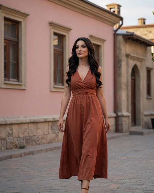 Elegant Armenian woman walking through historic Yerevan streets in warm afternoon light