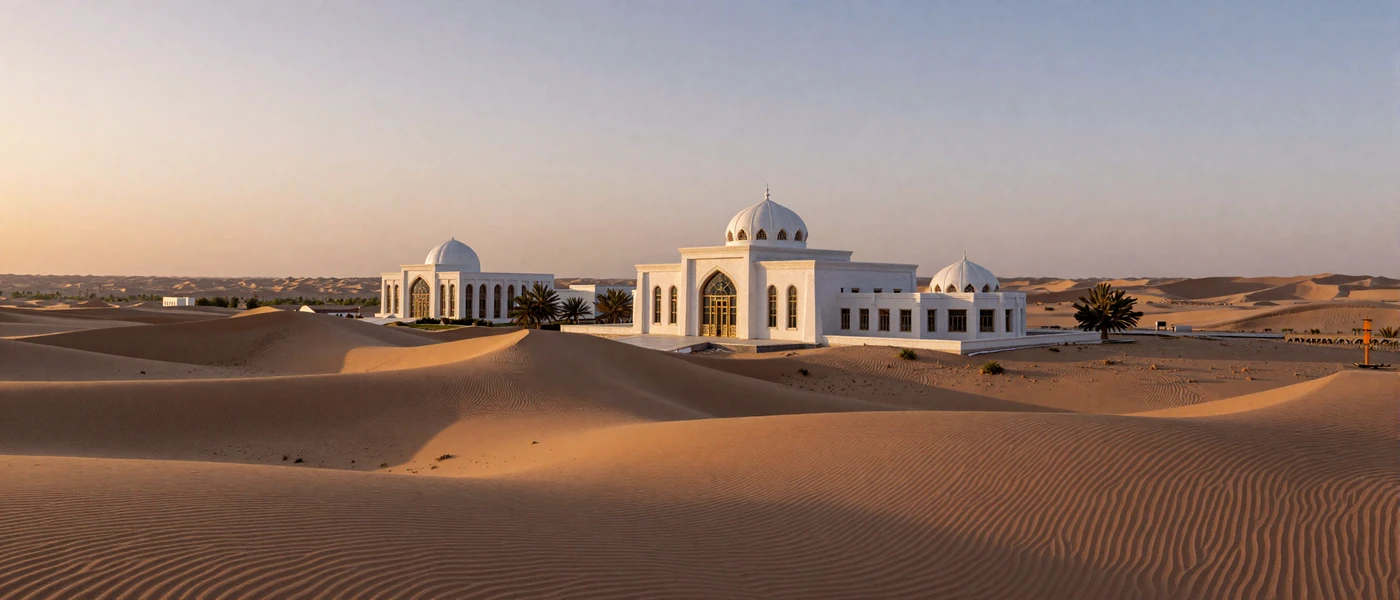 Scenic view of Turkmenistan blending Ashgabat architecture with golden desert landscape