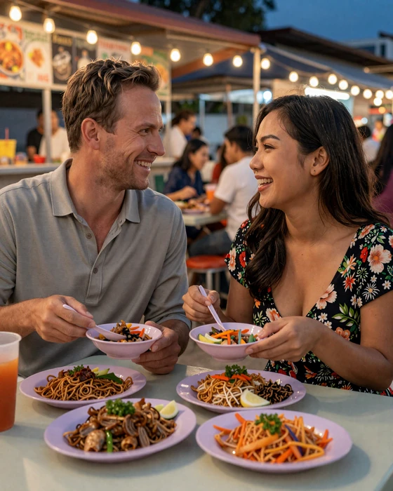 Interracial couple sharing a romantic Malaysian dinner at a cozy hawker stall with warm lighting