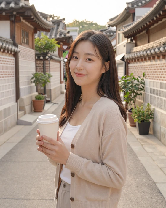 Stylish Korean woman enjoying coffee on a charming Seoul street, representing the modern sophistication of Korean singles on Skobbler