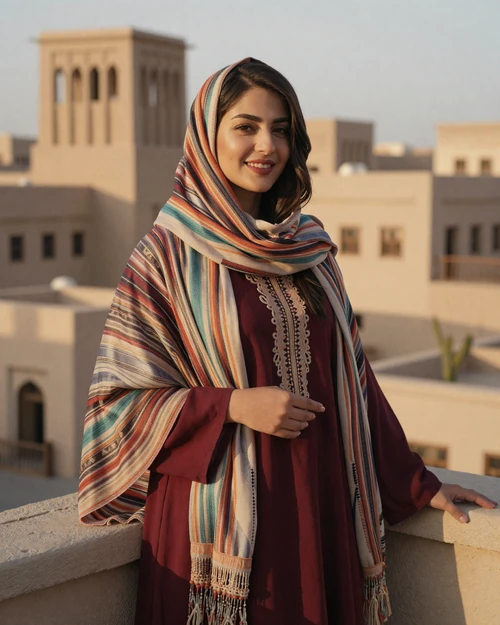 Graceful Yemeni woman in traditional modern attire overlooking Arabian architecture