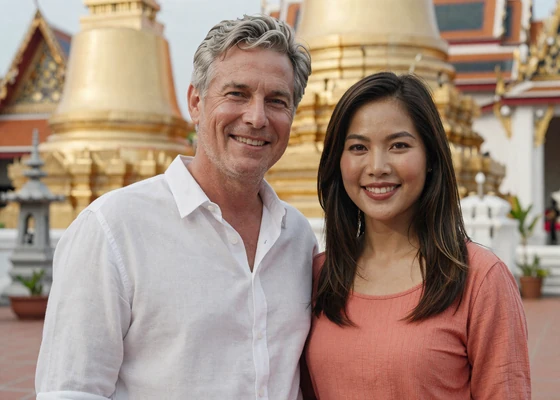 Robert from Florida and Nisa from Thailand standing together at a Thai temple courtyard, a Skobbler success couple
