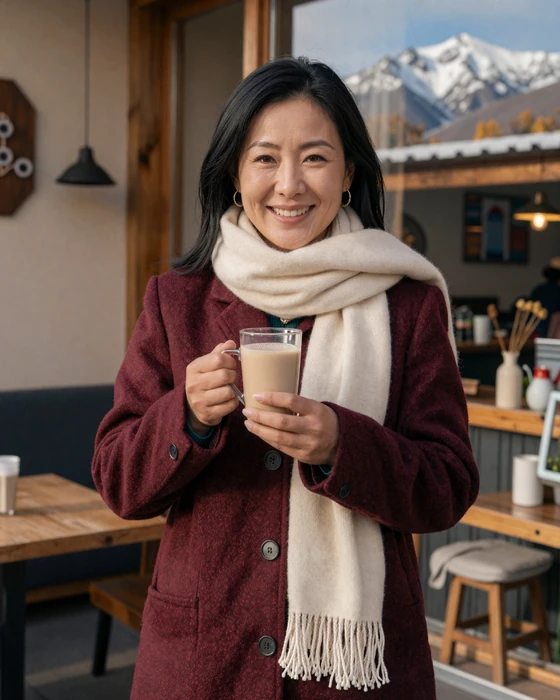 Mongolian woman enjoying traditional milk tea at a cozy Ulaanbaatar cafe with mountains in background