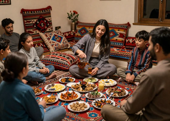 Afghan woman serving tea at a warm family gathering with traditional Afghan decor