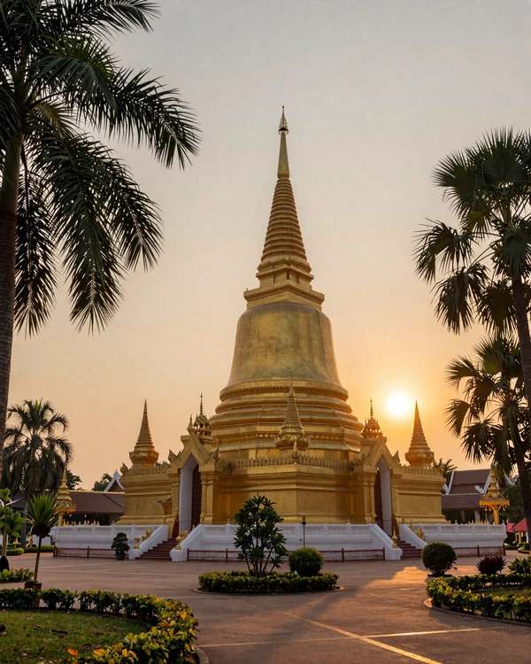 The golden Pha That Luang stupa in Vientiane Laos glowing at sunset, a popular landmark to visit