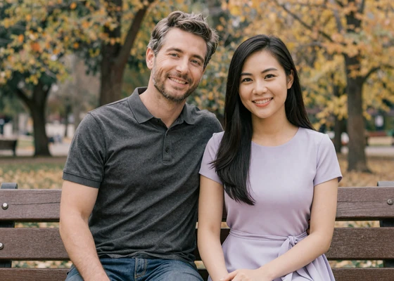 David from California and Linh from Vietnam sitting together on a park bench, a couple who found love through Skobbler